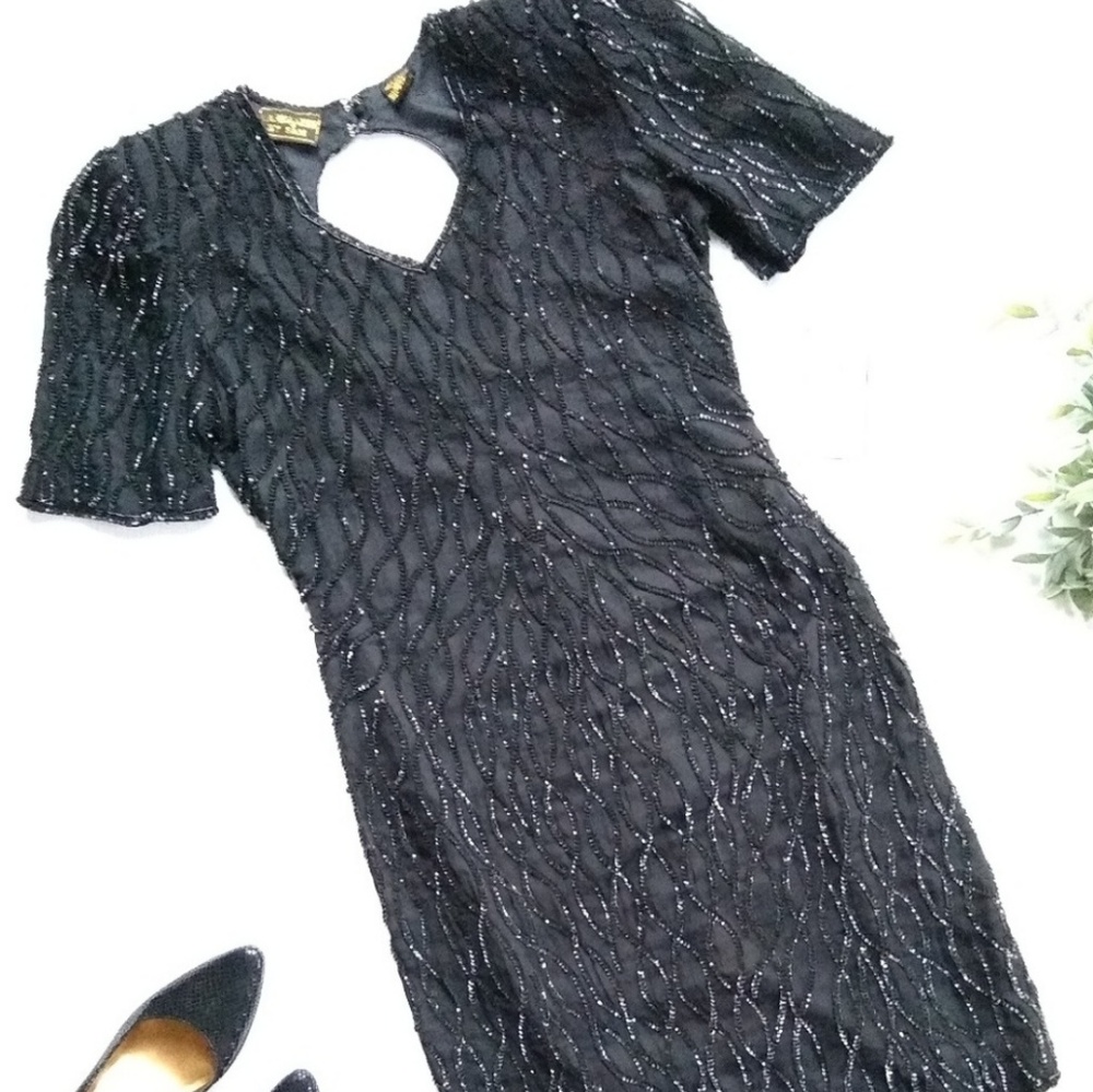 VINTAGE sequined beaded silk little black sheath dress deadstock - Picture 2 of 12